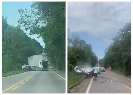 Batida entre carro e caminhão ocorreu neste domingo (30) - Foto: Reprodução/WhatsApp