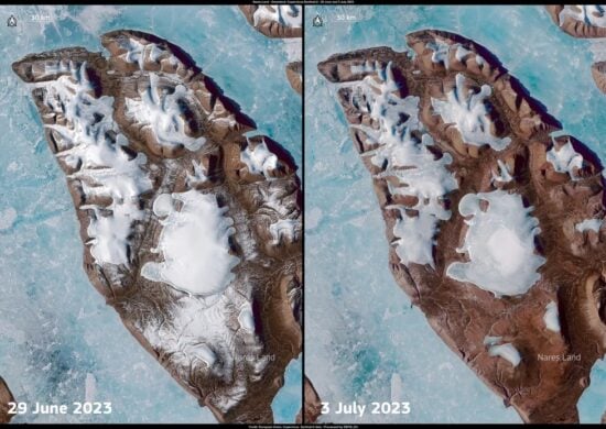 A calota ficou exposta após camada de gelo derreter com o calor - Foto: União Europeia Copernicus Sentinel-2