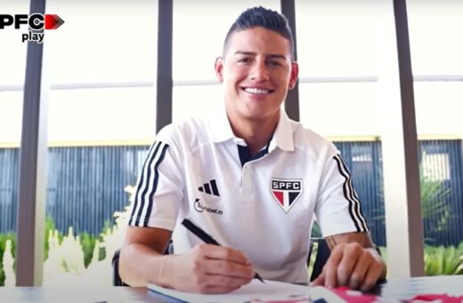 O meio-campista James Rodríguez é anunciado neste sábado (29) como o mais novo contratado do Tricolor - Foto: Reprodução/ YouTube São Paulo FC