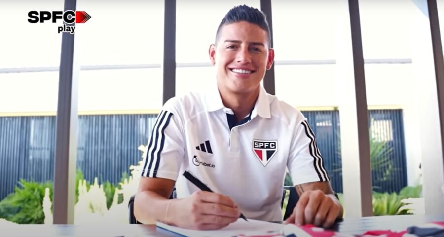 O meio-campista James Rodríguez é anunciado neste sábado (29) como o mais novo contratado do Tricolor - Foto: Reprodução/ YouTube São Paulo FC