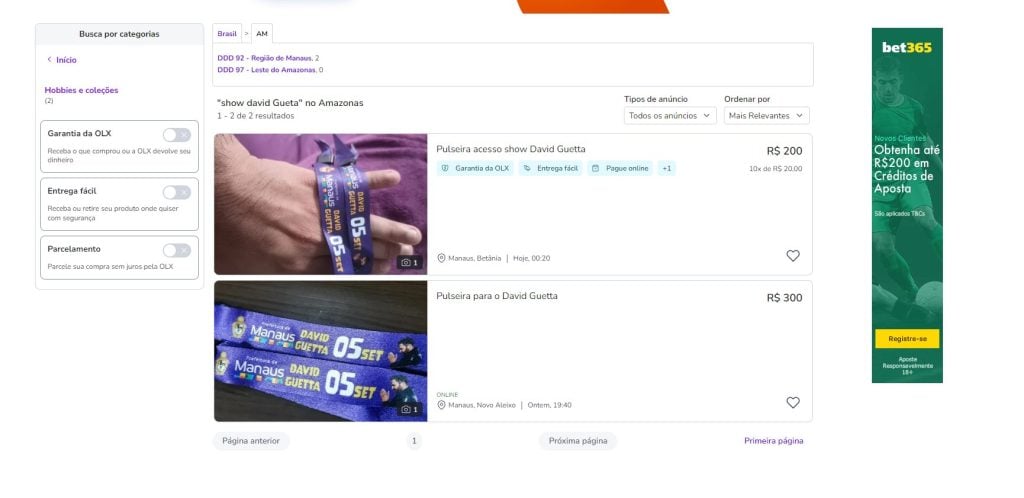 Venda de pulseiras do #SouManaus 2023 na internet- Foto: Reprodução/OLX