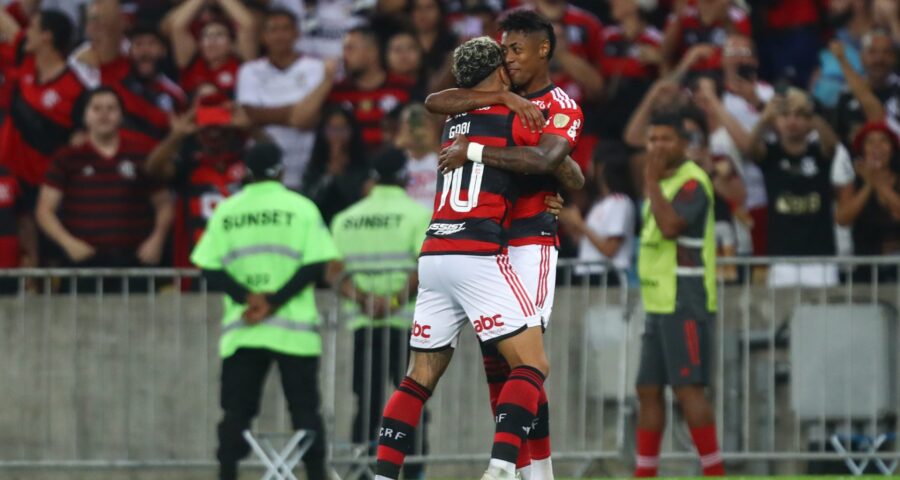 Gabigol e Bruno Henrique comemoram o gol da vitória - Foto: Gilvan de Souza/CRF/divulgação