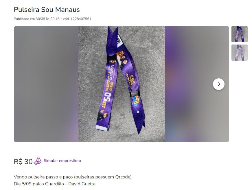 Venda de pulseiras do #SouManaus 2023 na internet- Foto: Reprodução/OLX