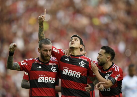 Pedro, do Flamengo, comemora seu gol marcado sobre a equipe do Bahia - Foto: André Fabiano/Código19/Estadão Conteúdo