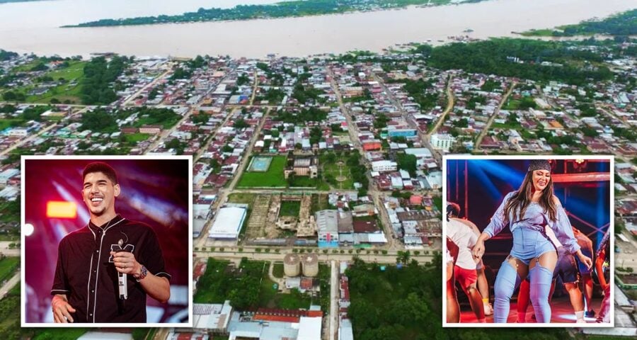 Vista aérea de Tabatinga e, no detalhe, Zé Vaqueiro e Márcia Felipe - Fotos: Instagram @saul.bemerguy / Facebook @zevaqueirocantor / Facebook @EuMarciaFellipe