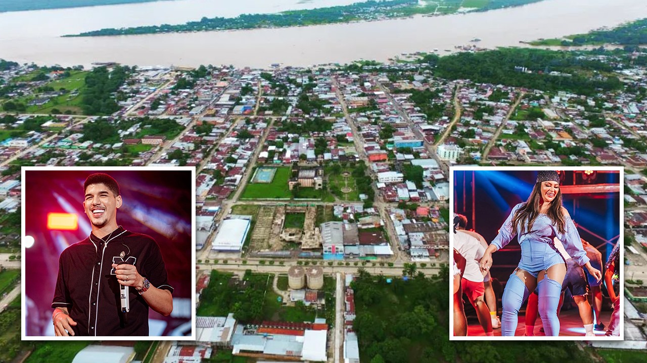 Vista aérea de Tabatinga e, no detalhe, Zé Vaqueiro e Márcia Felipe - Fotos: Instagram @saul.bemerguy / Facebook @zevaqueirocantor / Facebook @EuMarciaFellipe