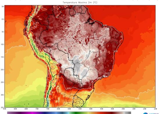 Foto das massas de ar quente na atmosfera, segundo o MetSul - Foto: Divulgação/MetSul