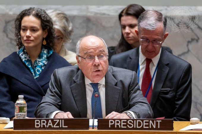 Ministro Mauro Vieira, em discurso no Conselho de Segurança das Nações Unidas, em Nova York - Foto: Reprodução/X @Itamaraty_EN