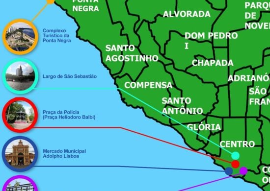 Mapa com os pontos turísticos em Manaus - Arte: Marcos Sérgio/Portal Norte