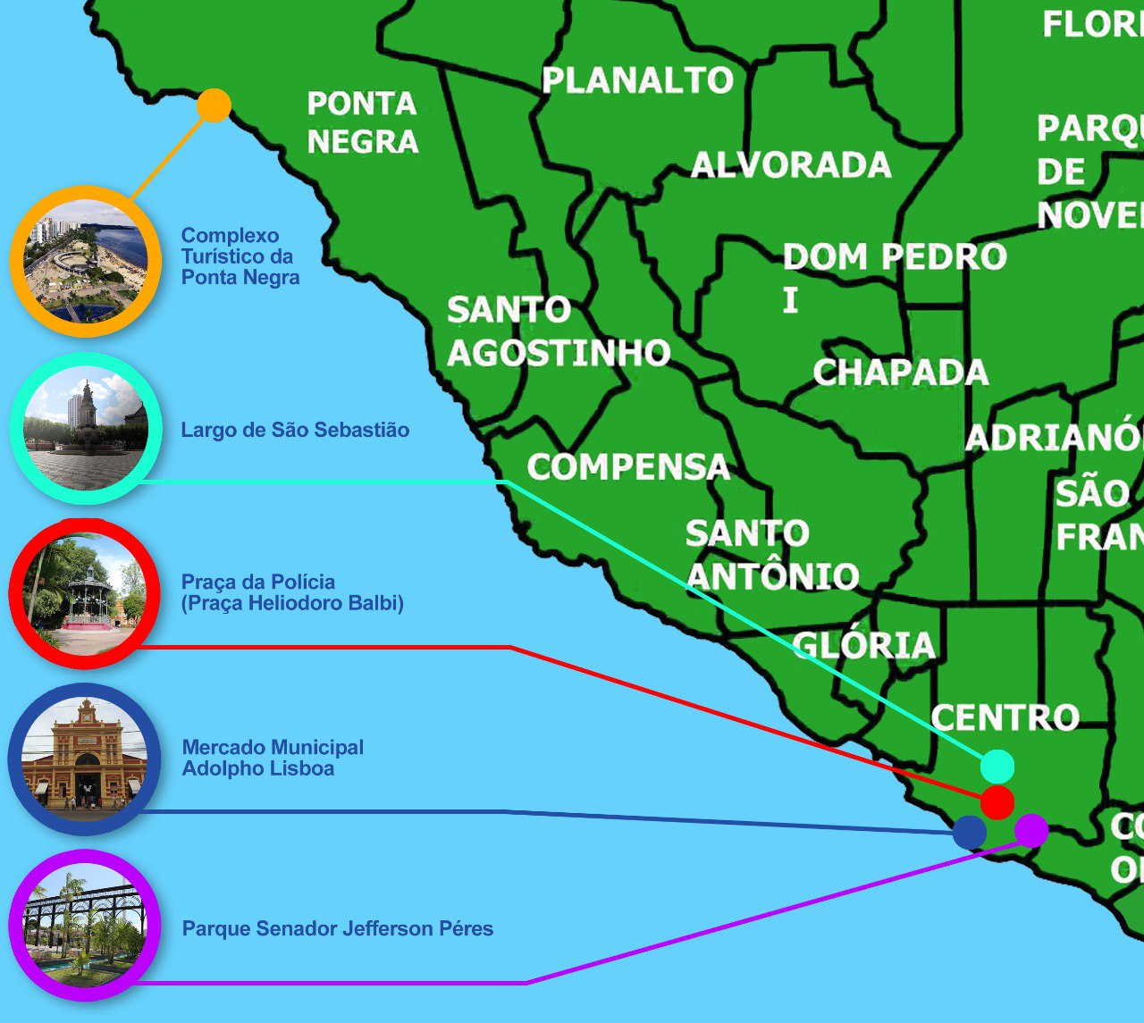 Mapa com os pontos turísticos em Manaus - Arte: Marcos Sérgio/Portal Norte