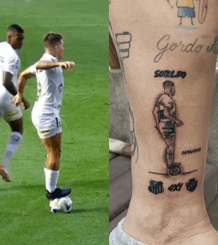 A torcedora do Santos, Carla Roberta fez tatuagem de lance polêmico, no jogo contra o Vasco - Foto: Reprodução/ Instagram @carlacabralcosta
