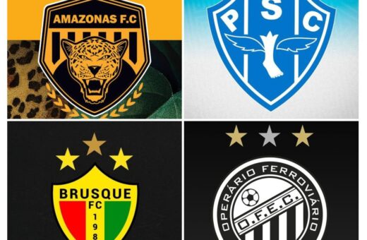 Amazonas FC, Paysandu, Brusque e Operário são os novo integrantes da Série B do Brasileirão - Foto: Reprodução/ Facebook Amazonas FC/ Brusque Futebol Clube/ Paysandu/ Operário Ferroviário Esporte Clube