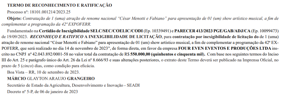 Show de César Menotti e Fabiano na Expoferr 2023 vai custar R$ 550 mil