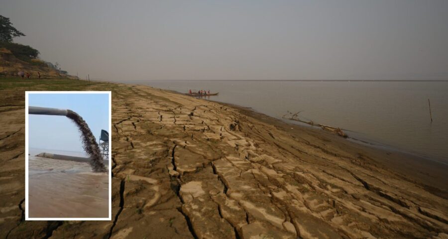 Seca em Caapiranga, interior do Amazonas- Foto: Alex Pazuello/Secom e Dragagem do Rio Solimões- Foto: Reprodução/Twitter@euserafimcorrea