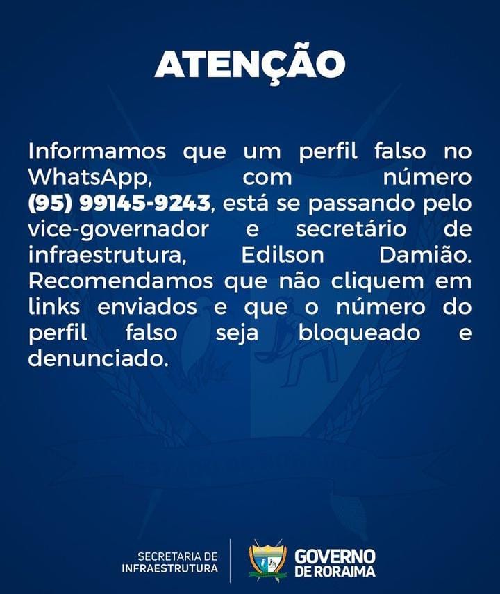 Perfil no WhatsApp se passa por vice-governador de Roraima Edilson Damião - Imagem: Arquivo
