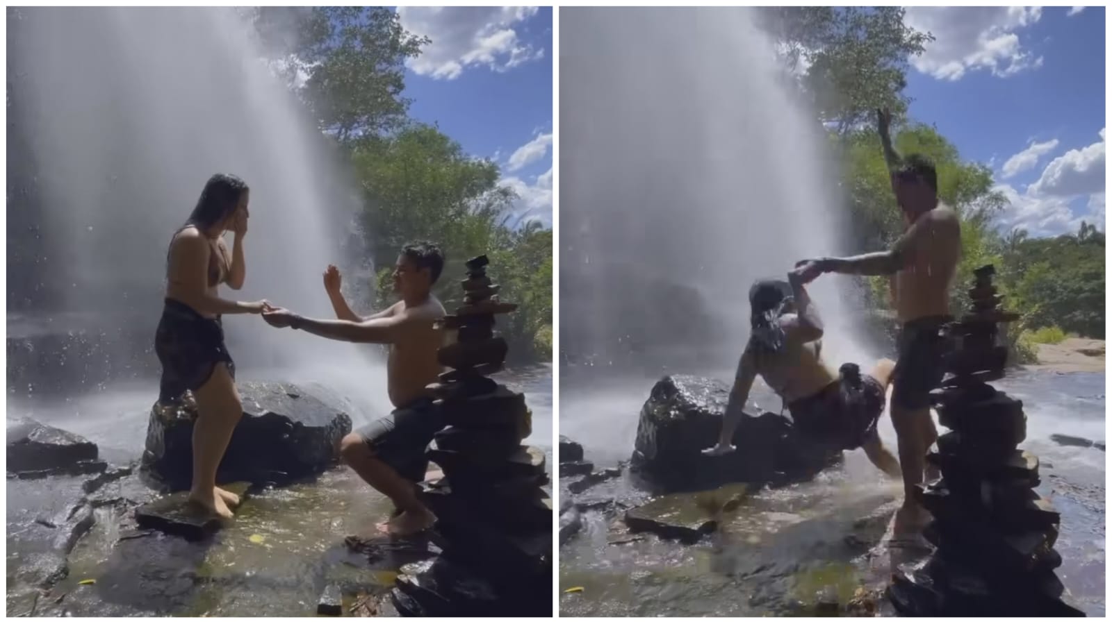 VÍDEO: noiva escorrega em cachoeira durante pedido de casamento