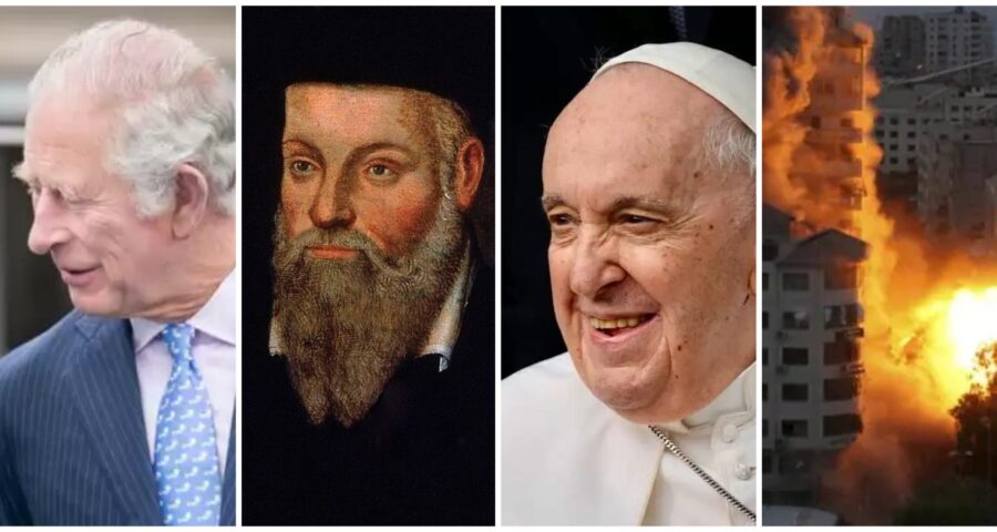 Previsões de Nostradamus alcançam Rei Charles, Papa Francisco e guerra - Foto: Montagem/Reprodução/Site Royal UK/Instgram @franciscus/Adel Hana/Associated Press/Estadão Conteúdo