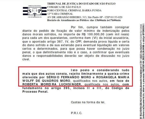 Trecho de documento em que a Justiça rejeita ação do casal Moro - Foto: Reprodução/DCM