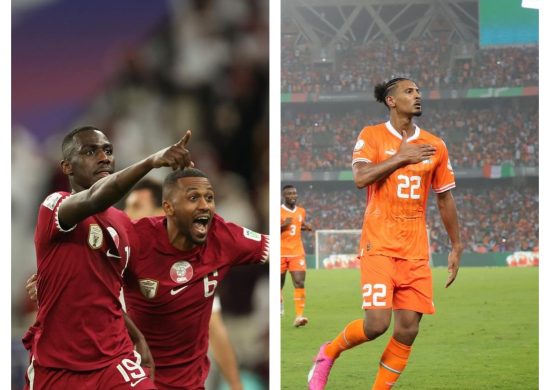 Jogadores de Catar e Costa do Marfim comemoram gol - Fotos: Reprodução/Instagram @qfa e @caf_online