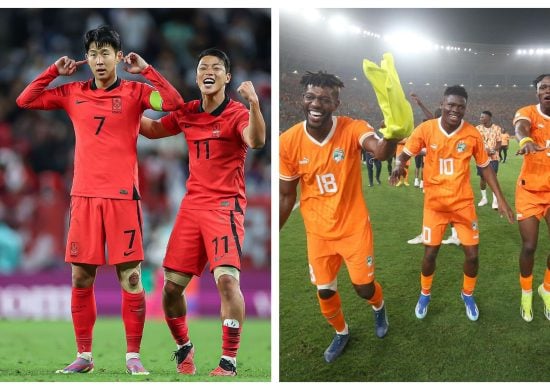 Jogadores da Coreia do Sul (esquerda) e Costa do Marfim (direita) comemoram a classificação para as semifinais - Fotos: Reprodução/Instagram @thekfa e @caf_online