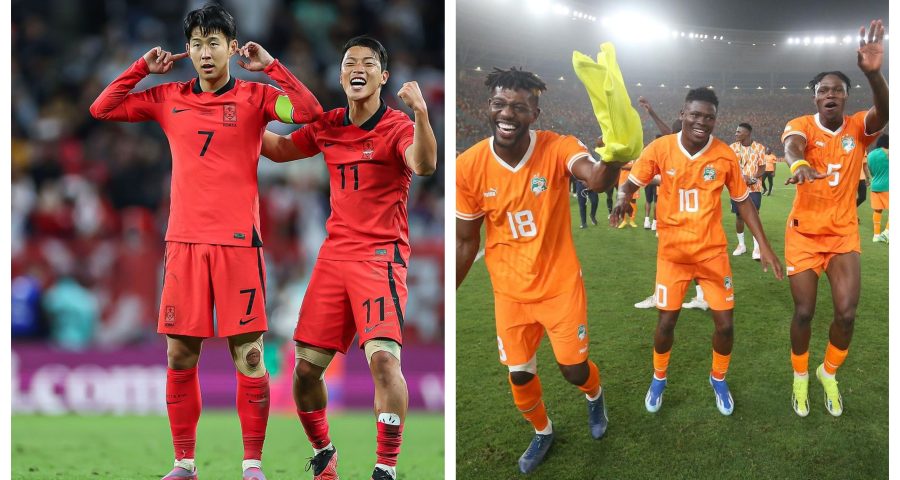 Jogadores da Coreia do Sul (esquerda) e Costa do Marfim (direita) comemoram a classificação para as semifinais - Fotos: Reprodução/Instagram @thekfa e @caf_online