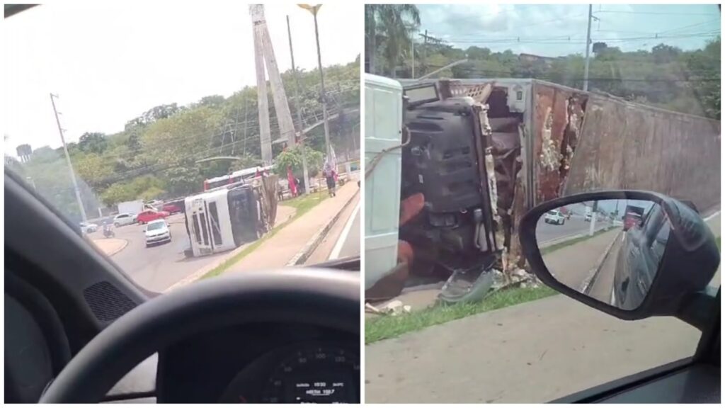 Caminhão tombou ao fazer curva aberta - Foto: Reprodução/WhatsApp