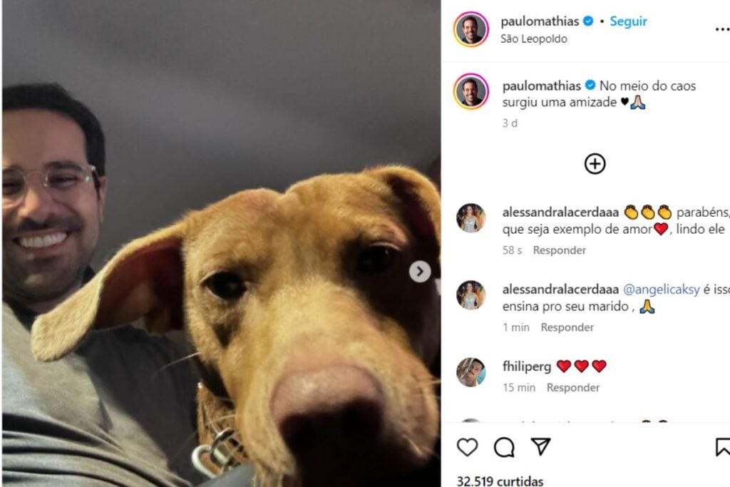 Após adotar o cachorro, Paulo Mathias compartilhou um clique dos dois em seu Instagram 