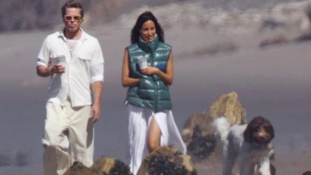 Brad Pitt e Ines de Ramon aproveitaram o sol para dar um passeio na praia