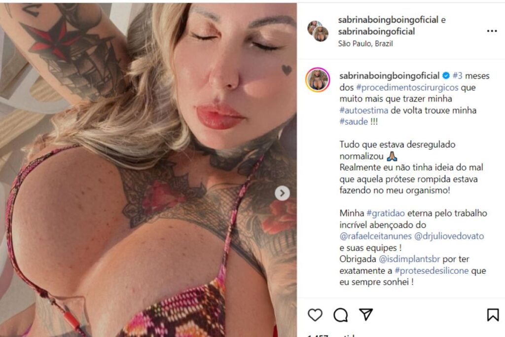 Sabrina Boing  Boing postou seu desabafo nas redes sociais 