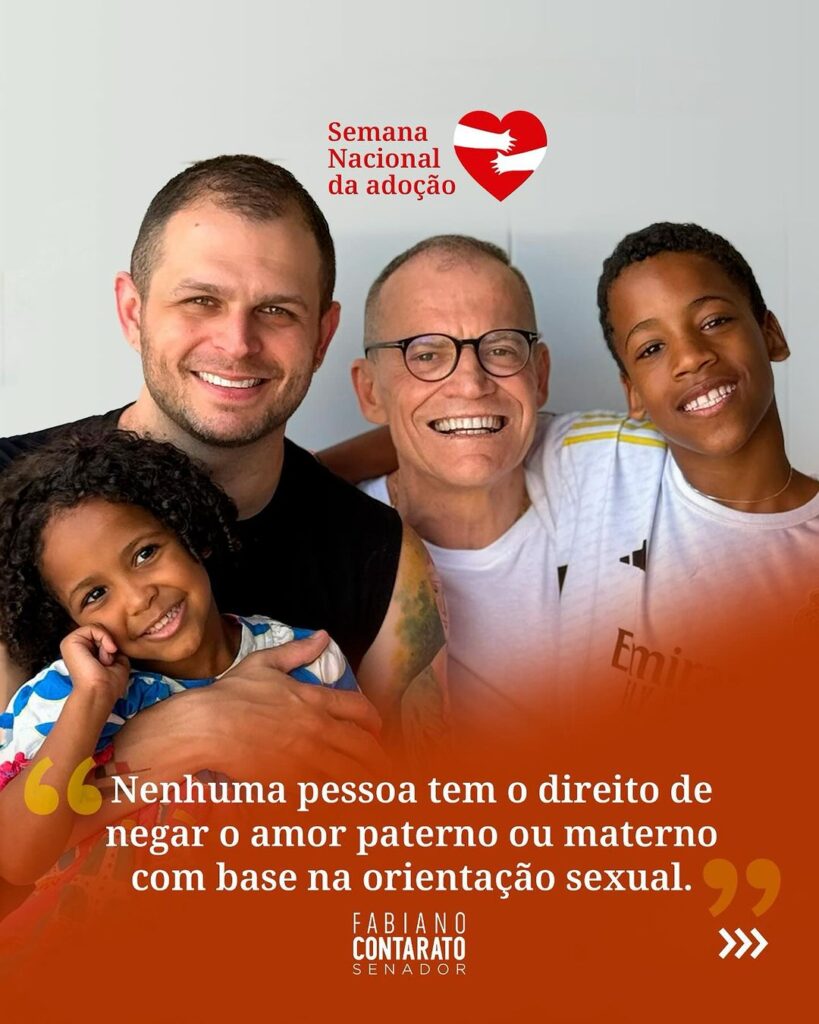 "Adoção é um ato de amor e a oportunidade de constituir uma família", diz o senador em sua rede. 

Foto: Reprodução/ @Fabiano Contarato
