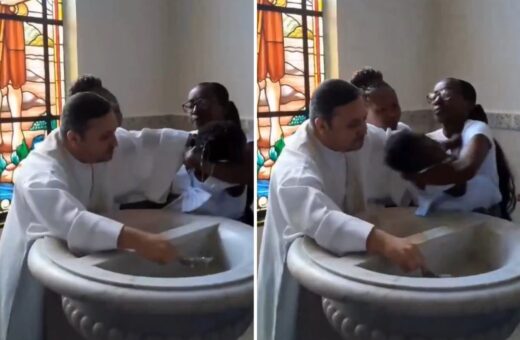 As imagens mostram o dando um puxão na criança para perto do batistério