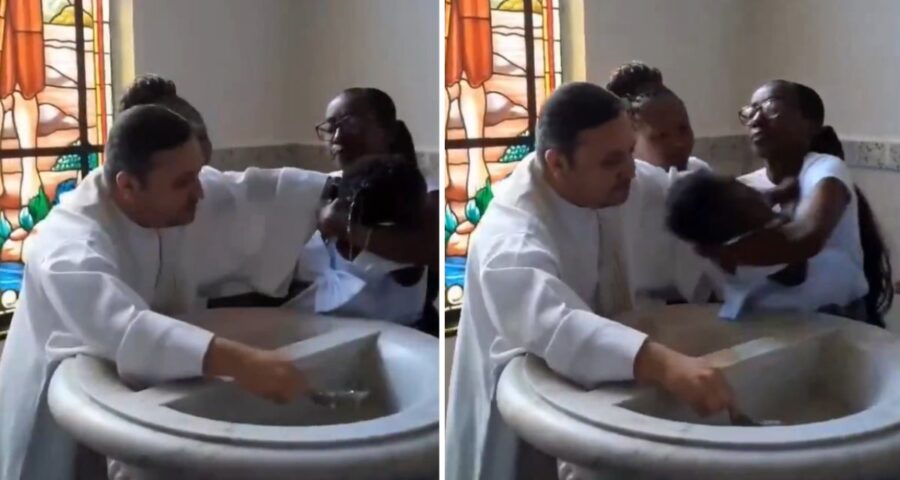 As imagens mostram o dando um puxão na criança para perto do batistério