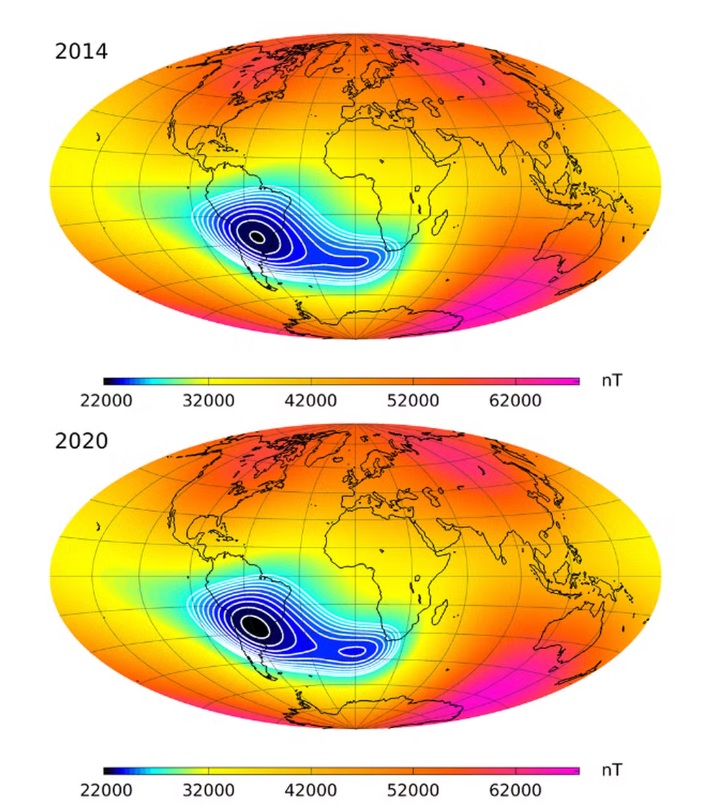 Arte mostra crescimento da Anomalia do Atlântico Sul (AAS) — Foto: Reprodução/Revista científica Earth, Planets and Space