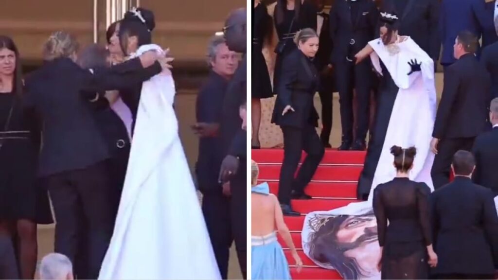 Atriz desfilava no tapete vermelho do Cannes com capa de "Jesus" - Foto: Reprodução/Redes Sociais