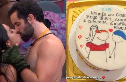 Isabelle e Matteus ganharam bolo para comemorar o primeiro beijo do casal. Imagem: Reprodução/TV Globo e Instagram