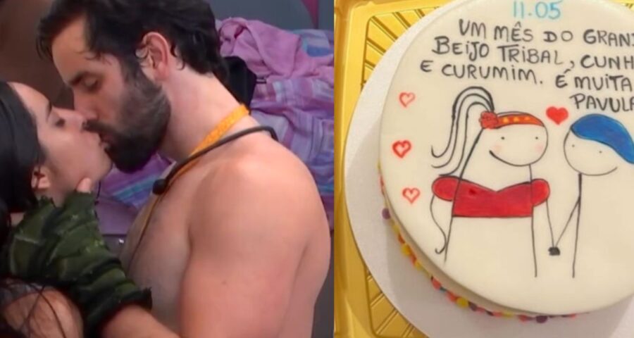 Isabelle e Matteus ganharam bolo para comemorar o primeiro beijo do casal. Imagem: Reprodução/TV Globo e Instagram