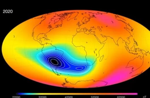 O campo magnético na América do Sul. Imagem: Divulgação/Agência Espacial Europeia