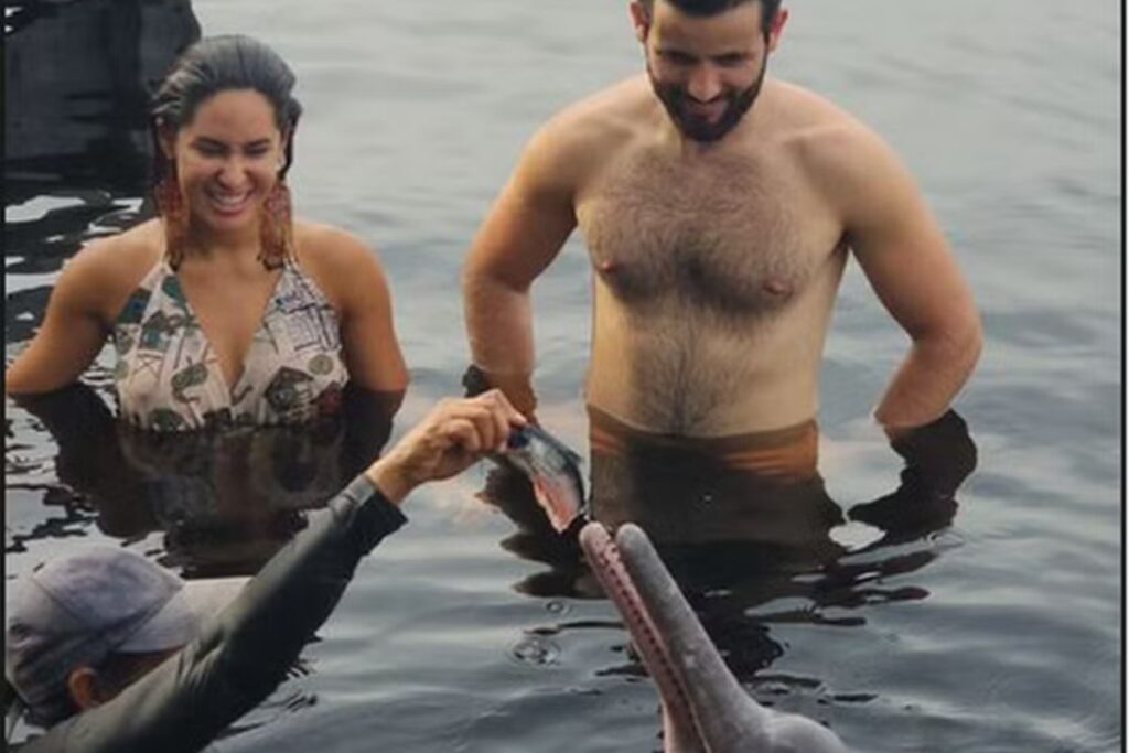 Isabelle e Matteus mergulharam para alimentar os botos na Amazônia. Imagem: Reprodução/X