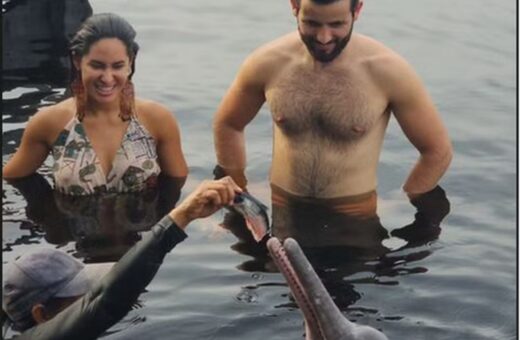 Isabelle e Matteus mergulharam para alimentar os botos na Amazônia. Imagem: Reprodução/X