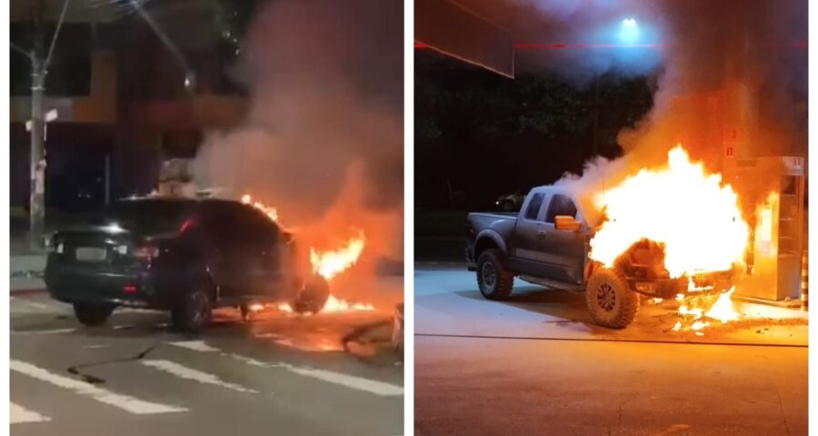 Carros ficam em chamas na noite desta terça-feira (11) em Manaus - Foto: Reprodução/WhatsApp