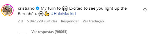 Comentário de Cristiano Ronaldo em post de Kylian Mbappé - Foto: Reprodução/Instagram @k.mbappe
