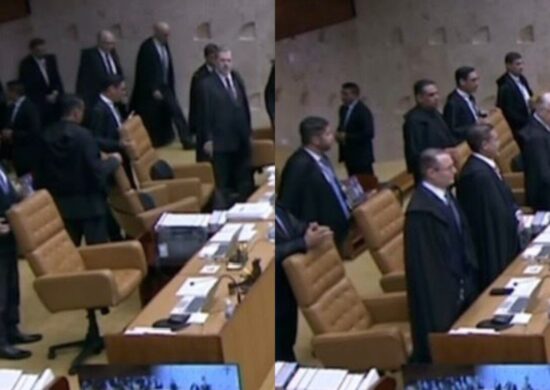 Ministros do STF têm ajuda de assistentes para sentar em poltrona. Foto: Reprodução/TV Justiça