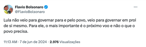 Flávio Bolsonaro critica viagem de Lula 