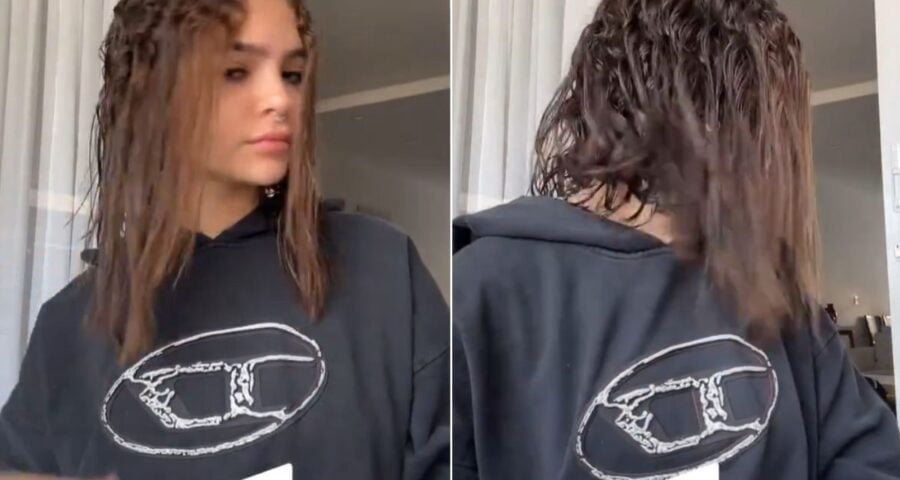 No vídeo, Mel Maia, mostrou a parte da frente e de trás do cabelo molhado, enquanto os cachos aparecem