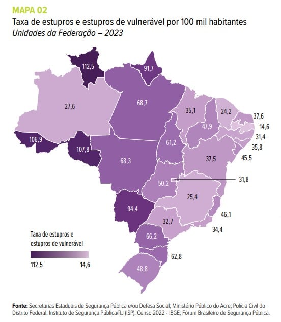 Mapa dos índices de estupro nos estados brasileiros.