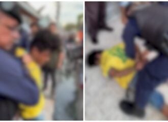 Populares agridem suspeito de assalto após ele ameaçar de morte funcionários e clientes de uma panificadora. Foto: Reprodução/TV Norte de Amazonas 
