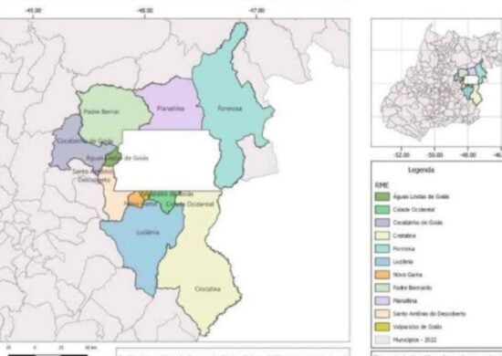 Mapa da Região Metropolitana do Entorno do Distrito Federal, reconhecida pelo IBGE em 2024