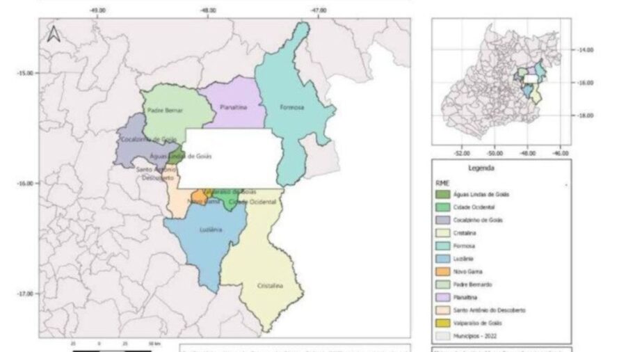 Mapa da Região Metropolitana do Entorno do Distrito Federal, reconhecida pelo IBGE em 2024