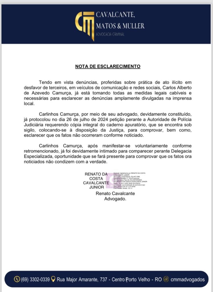 Nota emitida pelo ex-prefeito de Porto Velho, Carlinhos Camurça