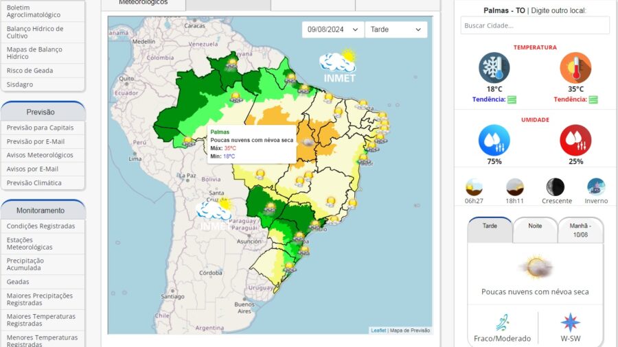 Na contramão da frente fria, Tocantins registra altas temperaturas - Foto: Reprodução/Site Inmet